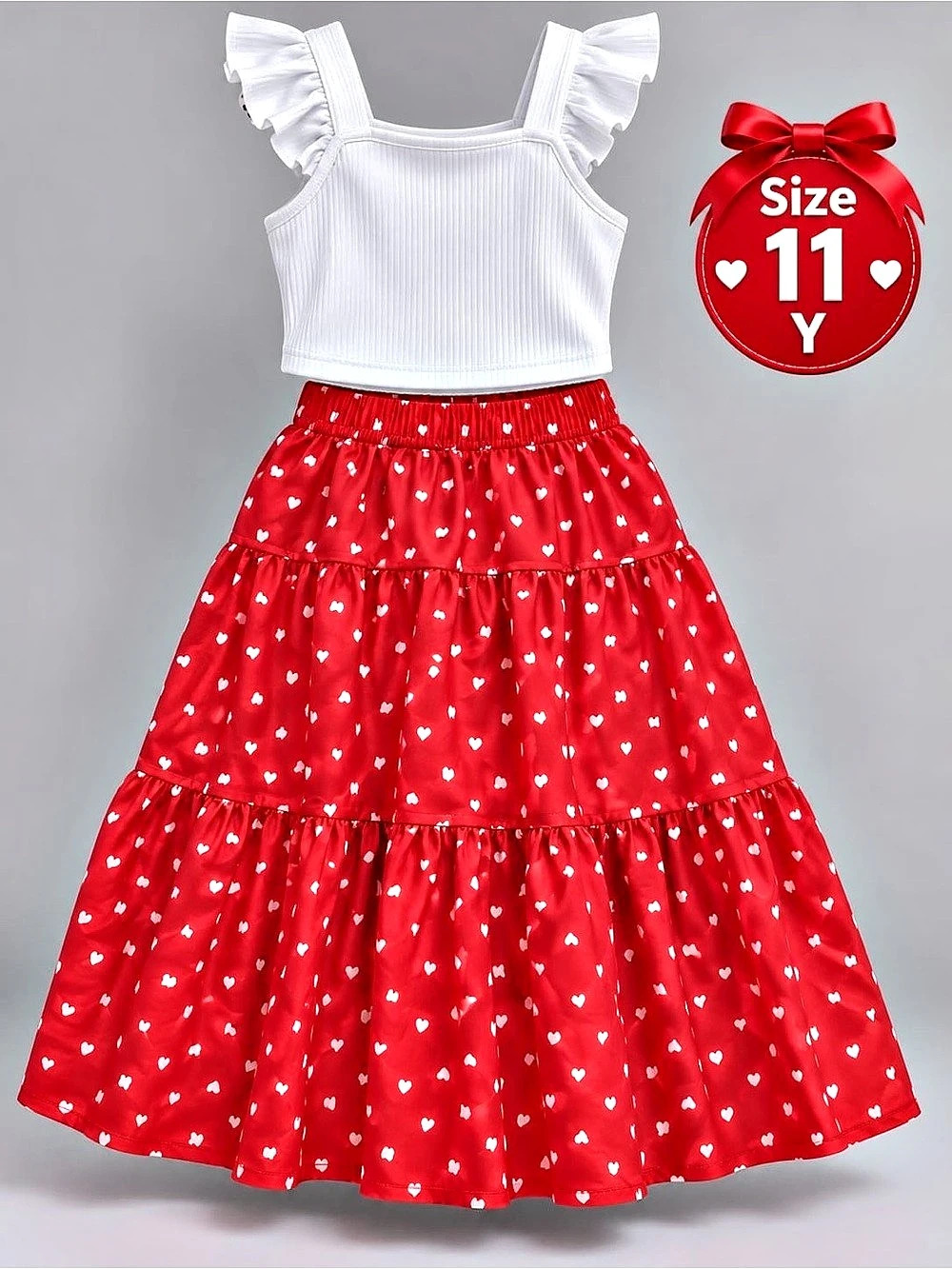 Girls Red & White Ruffle Maxi Dress Size 11Y